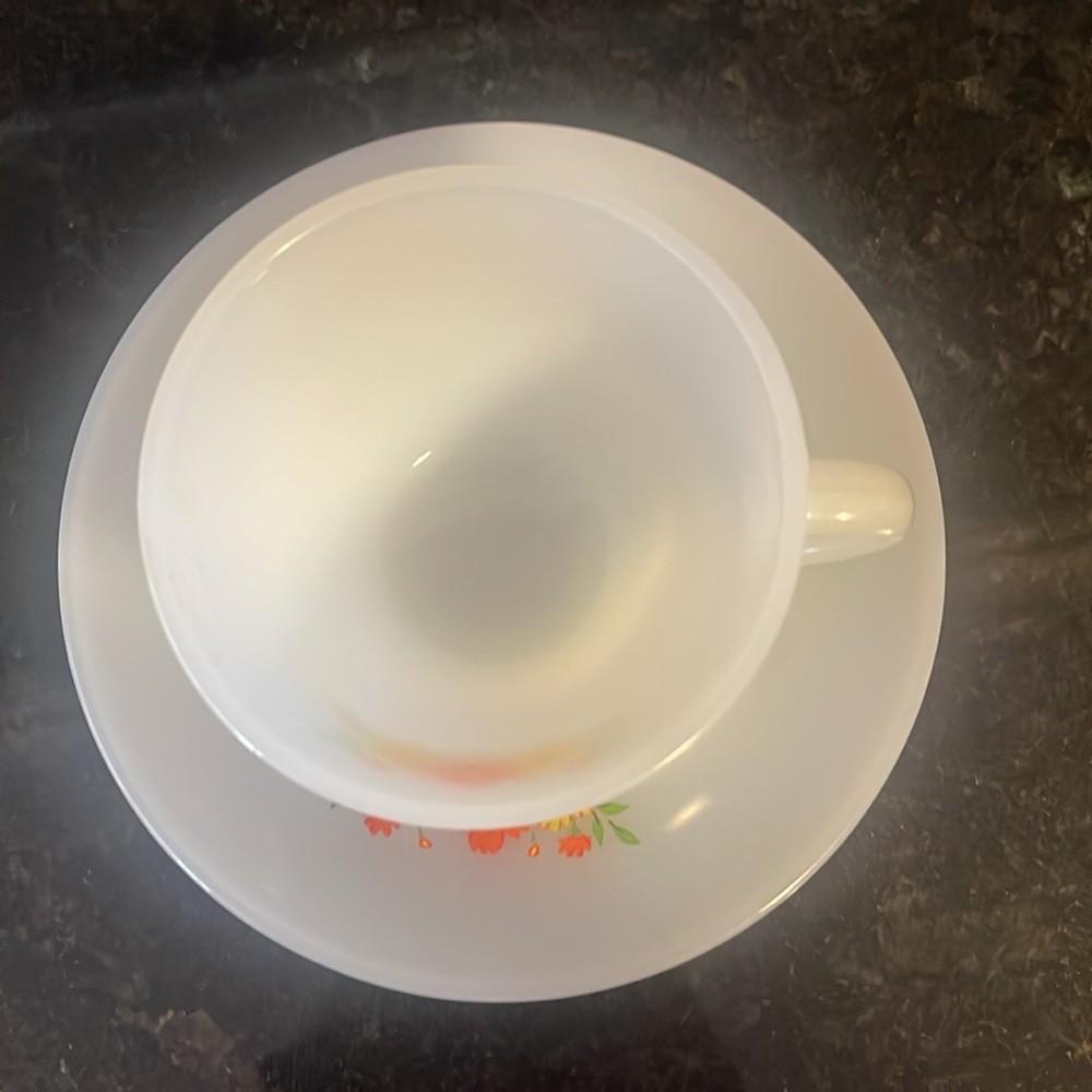 Fire King Anchor Hocking Orange and Yellow Floral Premium Cups & Saucers (4 sets - Picture 7 of 11